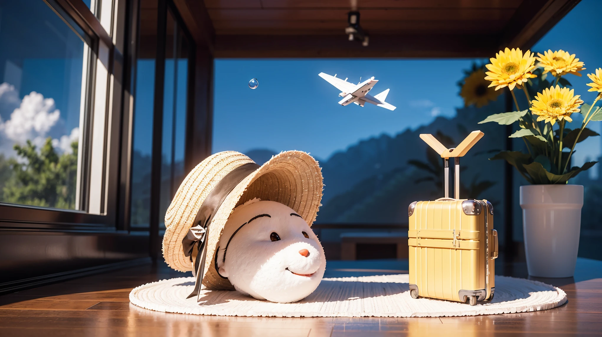 There is a suitcase with a straw hat on top., cloud, atmosphere, leaf, Floating Chrysanthemums, paper airplane, (Miniature: 1.2), 2.5D illustration, 3D Rendering, 3D Modeling, Bubble Mat, Behans 3D Art Trends, Behans 3D Art Trends, 3D illustration, 3D illustration, 3D illustration, Commercial Illustration, Cinema 4D Color Rendering, 3D Rendering stylization, stylized digital illustration, 3D stylized scene, stylized 3D Rendering