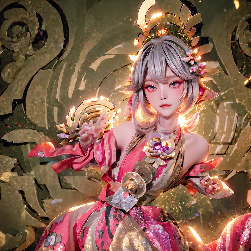 Cute Woman Japanese style Golden kimono Bob Hair Silver Hair Gorgeous large flower hair ornament Golden halo Pink floral glowing background Silky skin round face