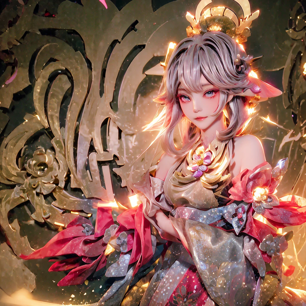 Cute Woman　Japanese style　Golden kimono　Bob Hair　Silver Hair　Gorgeous large flower hair ornament　Golden halo　Pink floral glowing background　Silky skin　round face
