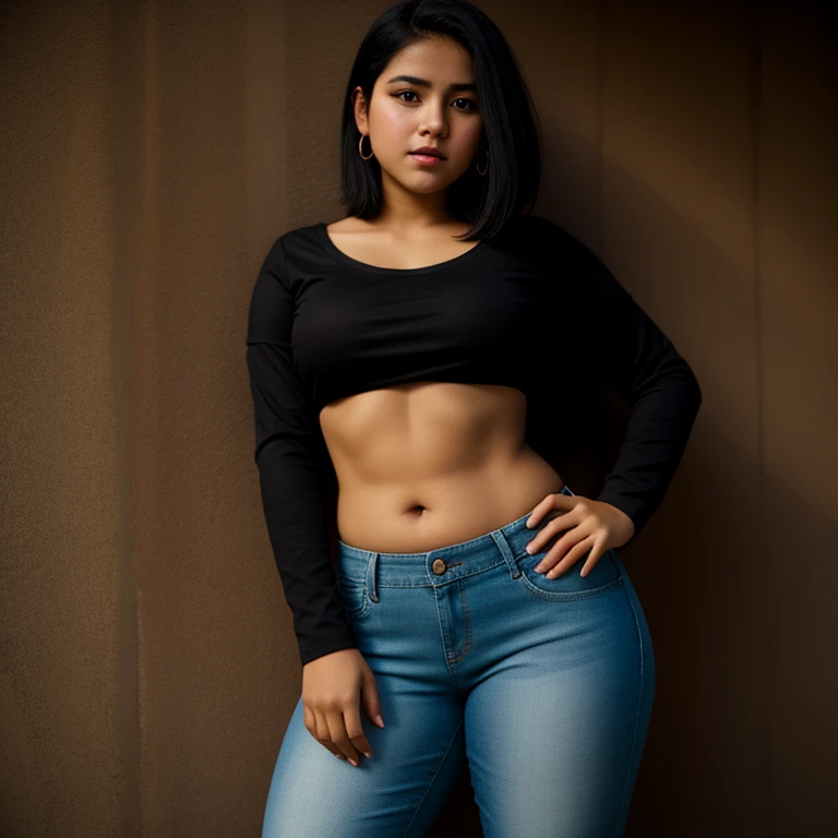 body photo, beautiful detailed, cute face, short, Guanajuato teen, slightly chubby, short black hair, black hair over one eye, long sleeve plain T-shirt, long pants, pearshaped wide hips with thick thighs, solo,