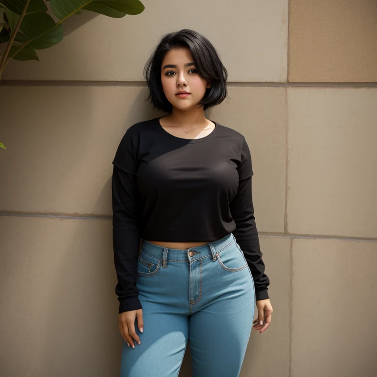body photo, beautiful detailed, cute face, short, Guanajuato , slightly chubby, short black hair, black hair over one eye, long sleeve plain T-shirt, long pants, pearshaped wide hips with thick thighs, solo,