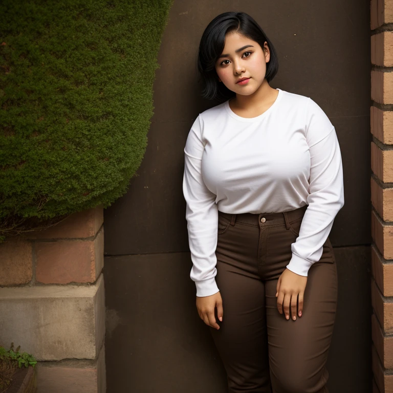 body photo, beautiful detailed, cute face, short, Guanajuato , slightly chubby, short black hair, black hair over one eye, long sleeve plain T-shirt, long pants, pearshaped wide hips with thick thighs, solo,