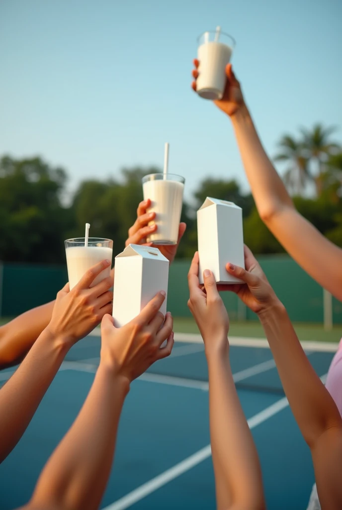 Tennis court background,Several people hold boxes of milk and raise their glasses together,Photography