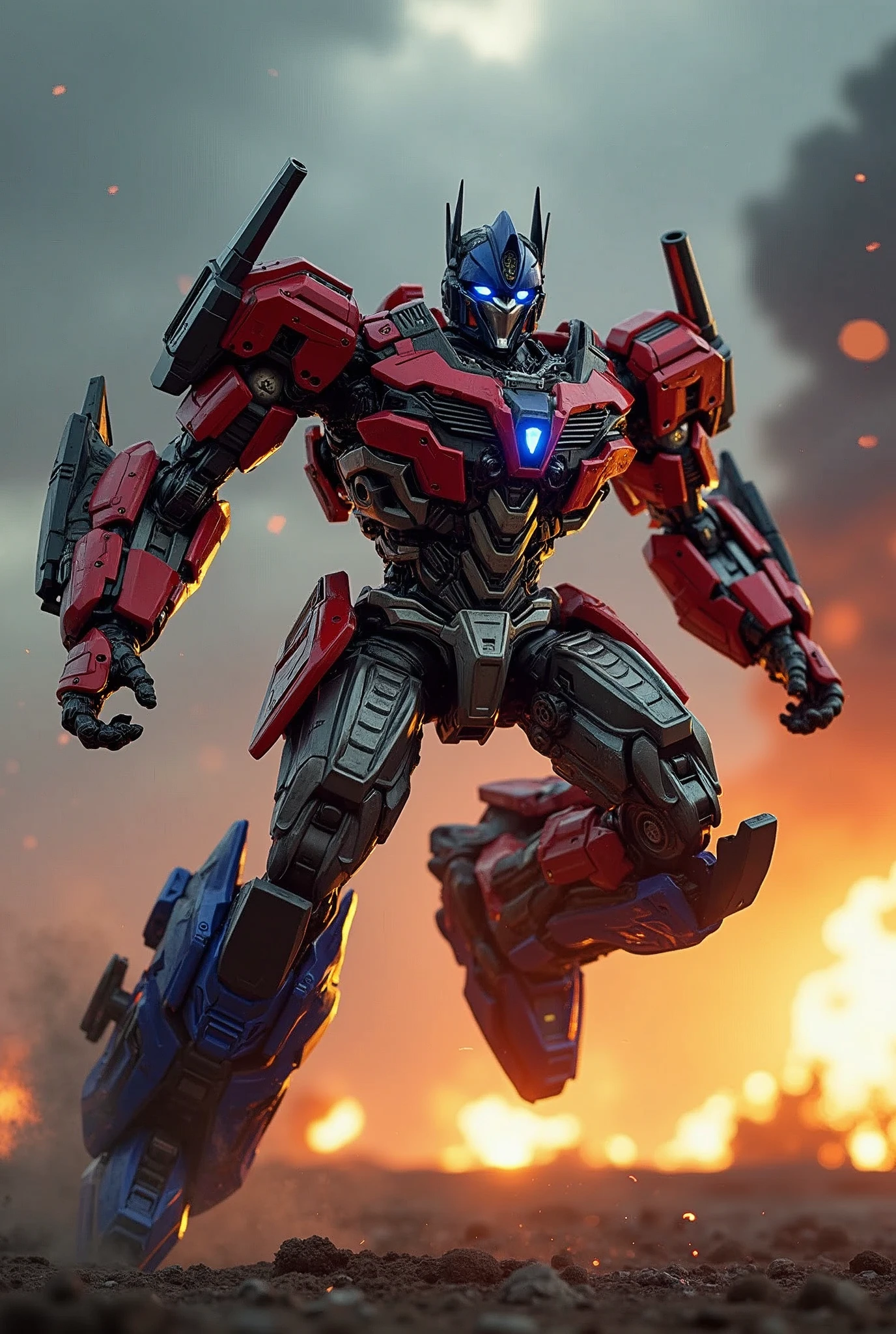 Red white armor. Mediva concept. Samurai Optimus Prime, robot warrior, leaping against dark cloudy sky, intense battle background, dynamic explosion effects, cinematic lighting, highly detailed, 8K, (best quality,4k,8k,highres,masterpiece:1.2),ultra-detailed,(realistic,photorealistic,photo-realistic:1.37),epic action scene,dramatic pose,intricate mechanical design,glowing energy,sparks,dust,devastation,cinematic angle,dramatic lighting