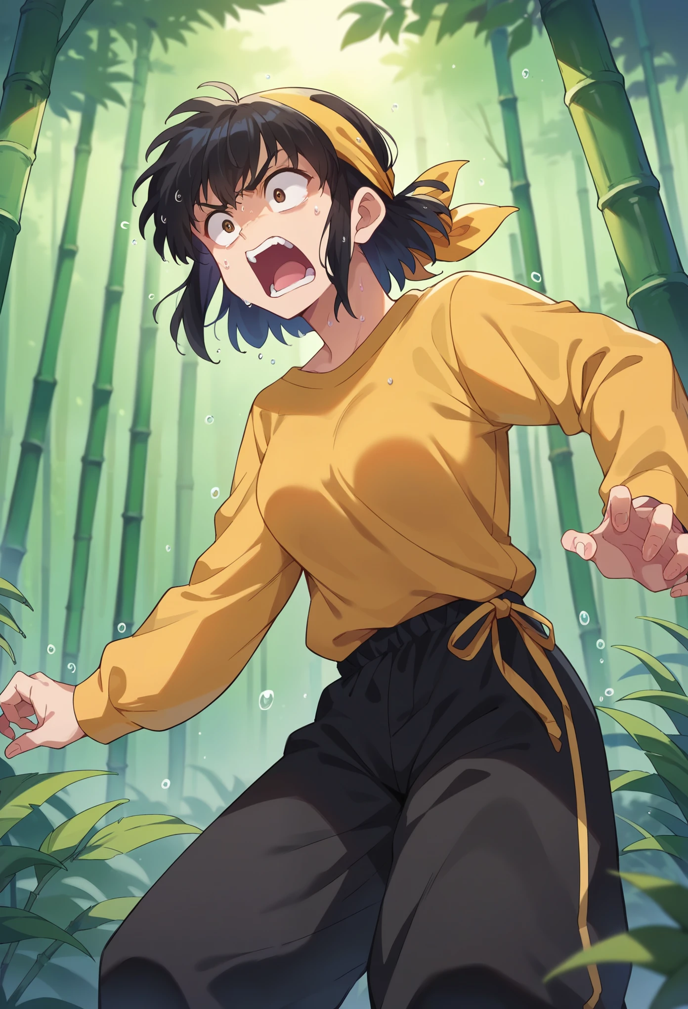 score_9, score_8_up, score_7_up, 1girl, solo, medium breasts, Ryouga Hibiki, black hair,(medium hair), bangs, brown eyes, yellow bandana, yellow shirt, long sleeves, black pants, baggy pants, shocked, screaming, wet, looking down, chinese forest, bamboo