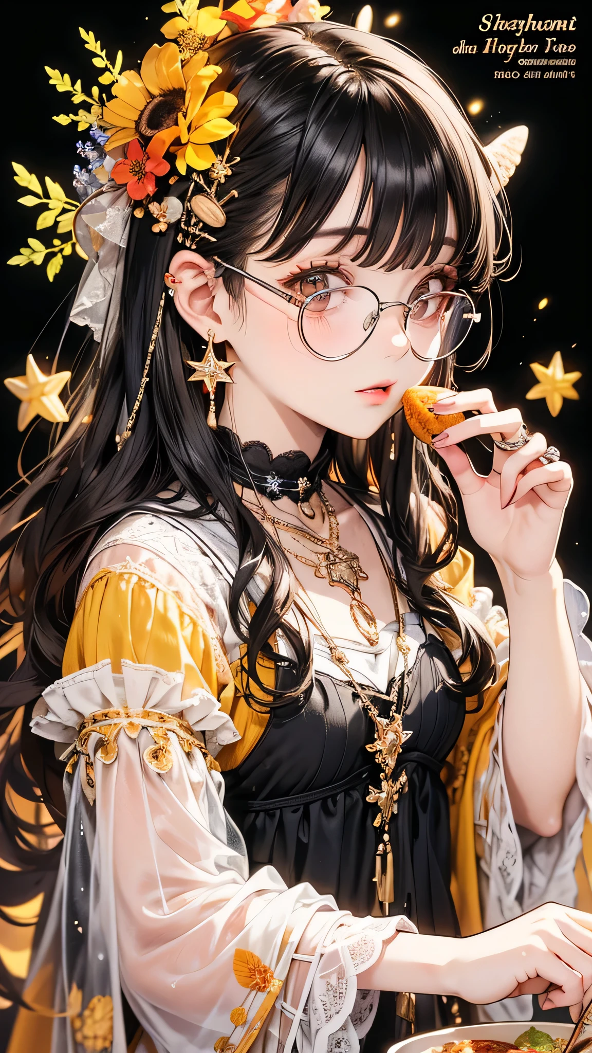 Absurd, High resolution, Super detailed, One girl, alone, Very fine grain, Starfish, seashell, shell, flower, Have, hair ornaments, jewelry, straw Have, View your viewers, sunglasses, Have flower, straw, Hair Clip, earrings, red flower, Colored glasses, yellow flower, bangs, English text, Multicolored Hair, orange flower, Black Hair, ring, cup, Long Hair, orange-Colored glasses, food, Brown Hair, Portraiture, shell hair ornaments