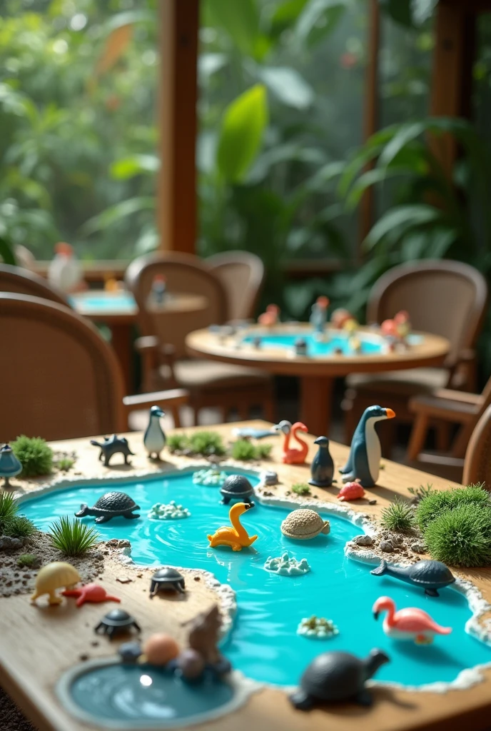 An ecological recreational space within a hotel, where guests can be comfortable and enjoy learning about natural conservation with board games, It is not necessary to add water, Simply that the board games are ecological and activist. Notice recreational games where turtles appear, sea lions, Penguins, flamingos, Blue-footed boobies they will be the pieces on the game board.