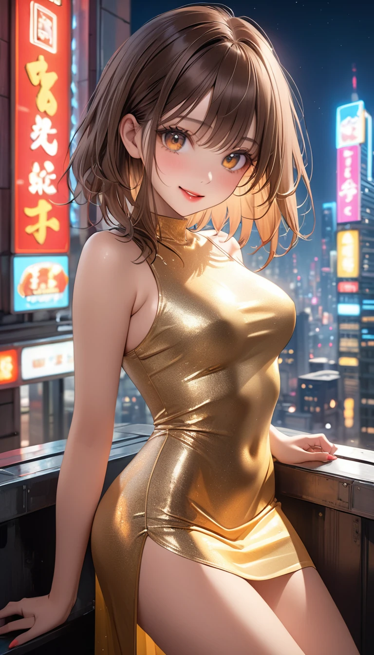 Straight hair、Brown Hair,((Very exquisite golden sexy dress)), Looks about ************, (beautiful girl: 1.3),One girl,Highest quality,8k,Highly detailed CG unit wallpaper,masterpiece:1.2,Highest quality,Ultra-high resolution,RAW Photos,Realistic textured skin,Cinema Lighting,Happy,big eyes,Detailed eyes,Glossy lipstick,Perfect Makeup,Ultra-high definition beauty face,Huge building,Metropolis,Sensual,(big, Round and beautifully shaped butt),(Standing on the rooftop of a skyscraper in Cyber City),(panoramic),night,Detailed neon lights,(Are standing_Split),