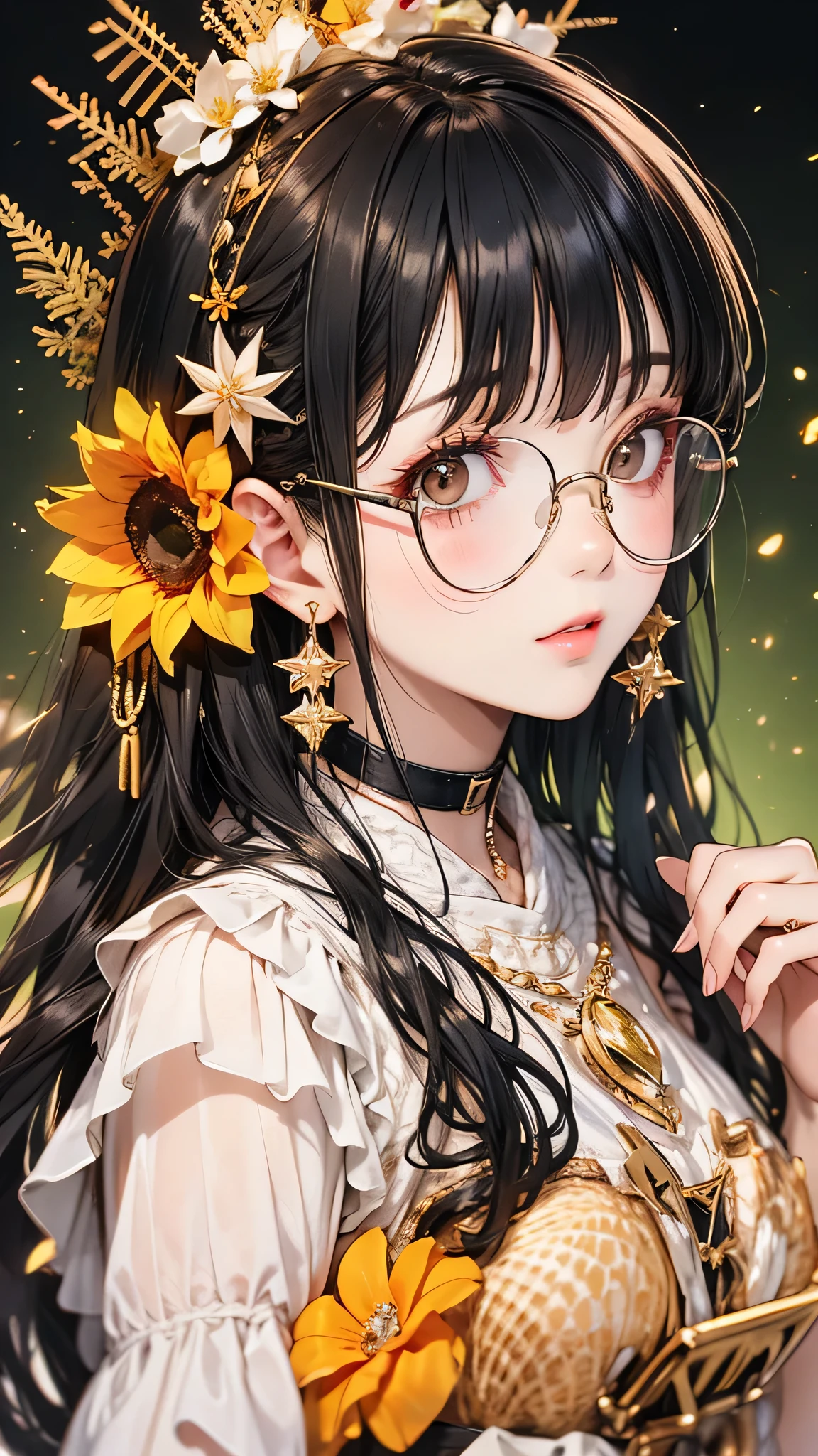Absurd, High resolution, Super detailed, One girl, alone, Very fine grain, Starfish, seashell, shell, flower, Have, hair ornaments, jewelry, straw Have, View your viewers, sunglasses, Have flower, straw, Hair Clip, earrings, red flower, Colored glasses, yellow flower, bangs, English text, Multicolored Hair, orange flower, Black Hair, ring, cup, Long Hair, orange-Colored glasses, food, Brown Hair, Portraiture, shell hair ornaments