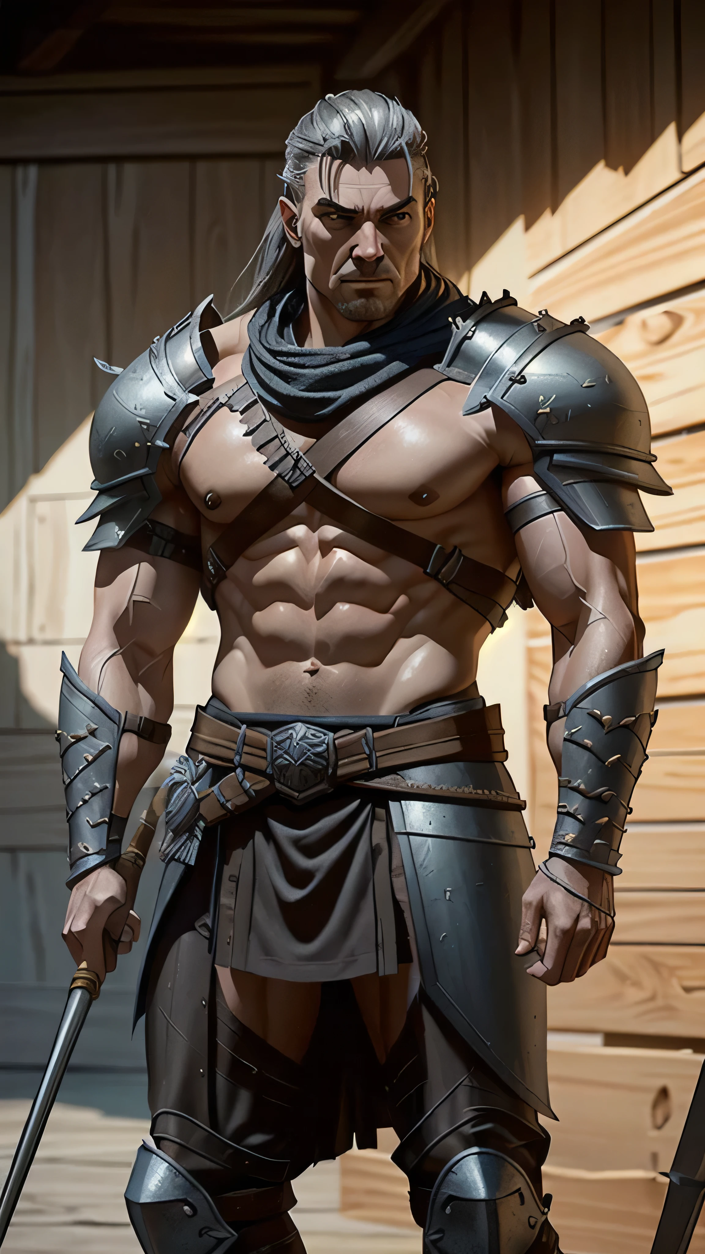 young big muscular male, warrior general, sharp hair, hair-needles, grey armor, wooden staff weapon, big shield, extremely detailed face, hyper realistic, award-winning, sharp, 8k resolution, cinematic lighting, best quality, masterpiece, photorealistic, physically-based rendering, vivid colors, HDR, professional, concept art