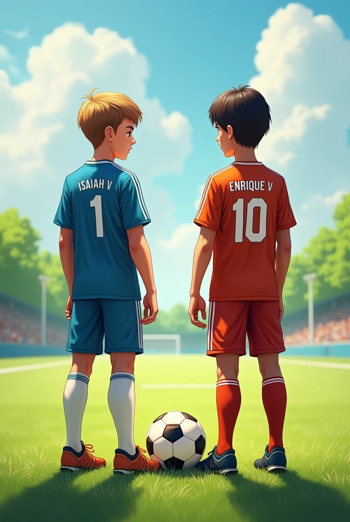 Two age brothers, between 16 and 17 yey both have the same height, They are standing in the middle of a soccer field.
One is white skin, short straight light brown hair, Brown eyes, He has a soccer goalkeeper&#39;s uniform with the number 1 on his back, it says ISAIAH V.
The other is light brown skinned with straight black hair., He has a football uniform with the number 10 on the back and says ENRIQUE V.
There is a ball in the middle of them and a soccer glove on the grass 