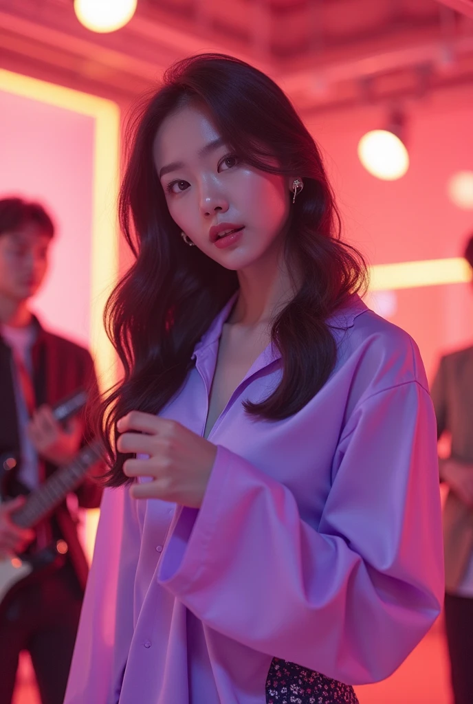 A video of a Korean woman in a lilac blouse subscribed to bloddyclik singing in a K-POP studio 