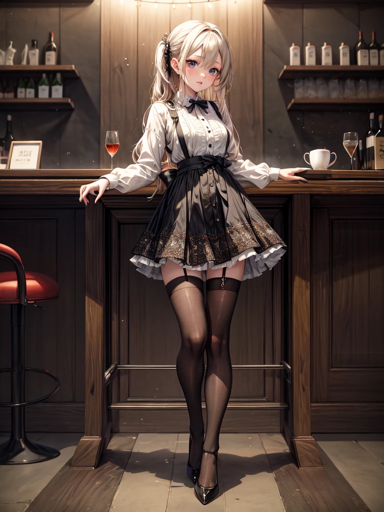 anime, beautiful face, highly detailed face, detailed perfect eyes, perfect hair, perfect lips, accurate arms, accurate hands, perfect legs, accurate footware. highly detailed background, front lighting, perfect lighting, full body, 1girl, solo, ruby hoshino, ruby, oshi no ko, heels, blonde hair, thighhighs, stockings, absurdres, high res, ultrasharp, 8K, masterpiece, looking at viewer, in a maid cafe, restaurant (sexy pose:1.4), (full body:1.3), waitress, maid mini skirt, nearly nude, lifting skirt, panties in view, beautiful panties, cleavage, stockings, full of delight, smiling full of compassion, blushed