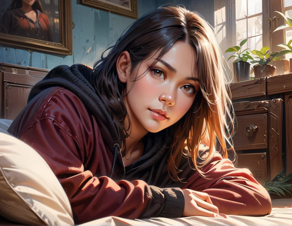 beautiful detailed girl, black hair, green eyes, black eyes, white pants, black hoodie, sitting on bed, detailed room background, (best quality,4k,8k,highres,masterpiece:1.2),ultra-detailed,(realistic,photorealistic,photo-realistic:1.37),detailed facial features, highly detailed face, extremely detailed, realistic, photorealistic, ultra-detailed, digital painting, concept art, intricate details, cinematic lighting, dramatic shadows, vibrant colors, warm color palette, soft focus, atmospheric, environmental portrait