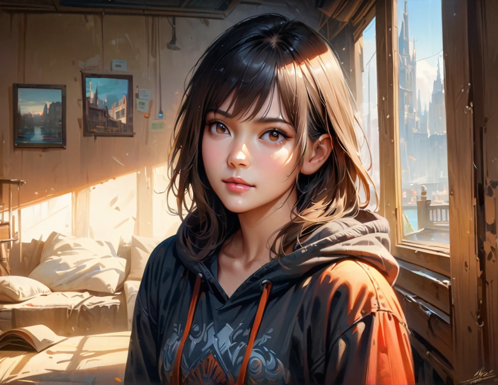 beautiful detailed girl, black hair, green eyes, black eyes, white pants, black hoodie, sitting on bed, detailed room background, (best quality,4k,8k,highres,masterpiece:1.2),ultra-detailed,(realistic,photorealistic,photo-realistic:1.37),detailed facial features, highly detailed face, extremely detailed, realistic, photorealistic, ultra-detailed, digital painting, concept art, intricate details, cinematic lighting, dramatic shadows, vibrant colors, warm color palette, soft focus, atmospheric, environmental portrait