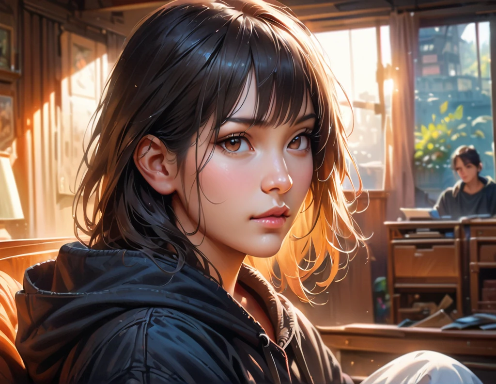 beautiful detailed girl, black hair, green eyes, black eyes, white pants, black hoodie, sitting on bed, detailed room background, (best quality,4k,8k,highres,masterpiece:1.2),ultra-detailed,(realistic,photorealistic,photo-realistic:1.37),detailed facial features, highly detailed face, extremely detailed, realistic, photorealistic, ultra-detailed, digital painting, concept art, intricate details, cinematic lighting, dramatic shadows, vibrant colors, warm color palette, soft focus, atmospheric, environmental portrait