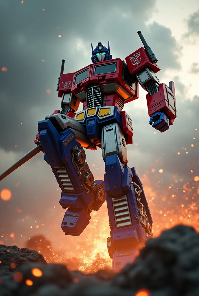 Red white armor. Medieval concept. Samurai Optimus Prime, robot warrior, leaping against dark cloudy sky, intense battle background, dynamic explosion effects, cinematic lighting, highly detailed, 8K, (best quality,4k,8k,highres,masterpiece:1.2),ultra-detailed,(realistic,photorealistic,photo-realistic:1.37),epic action scene,dramatic pose,intricate mechanical design,glowing energy,sparks,dust,devastation,cinematic angle,dramatic lighting