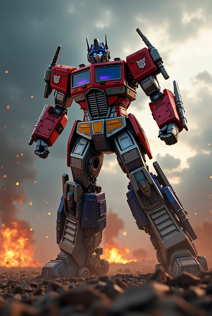 Red white armor. Medieval concept. Samurai Optimus Prime, robot warrior, leaping against dark cloudy sky, intense battle background, dynamic explosion effects, cinematic lighting, highly detailed, 8K, (best quality,4k,8k,highres,masterpiece:1.2),ultra-detailed,(realistic,photorealistic,photo-realistic:1.37),epic action scene,dramatic pose,intricate mechanical design,glowing energy,sparks,dust,devastation,cinematic angle,dramatic lighting