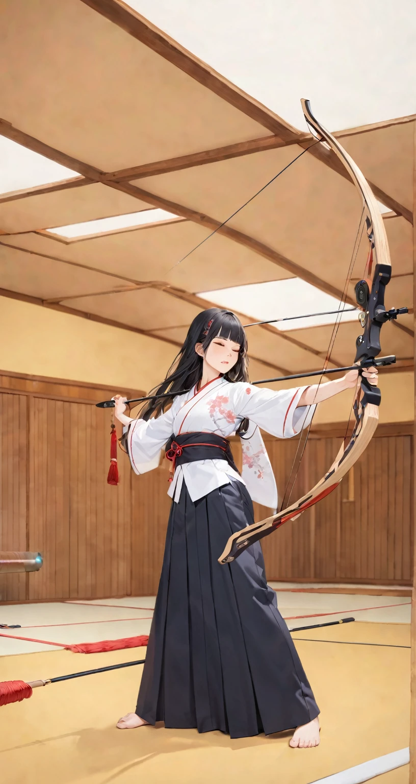 ((profile, standing Kyudo style)), (left hand holding a japanese long bow:1.2), (Push forward left hand holding on japanese long bow), (solo:2, 15 yo) (detailed beautifu blunt bangs:1.3) (beautiful sexy black hair very long hair) (beautiful shrine maiden girl) (detailed sexy closed eyes) (serious face, glossy lip) (medium tits), break, in a white Kyudo uniform, break, in the japanese Archery range, BREAK, perfect anatomy, masterpiece, best quality, 16k, beautiful detailed grow, daydreaming expression.