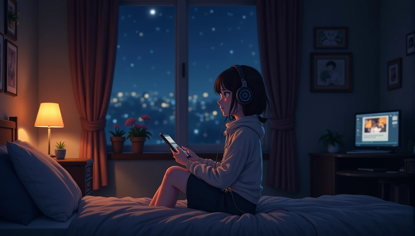 Girl listening to music in a cozy room at night, Using headphones, 2D style anime, Lo-fi, hard disk, Dark environment