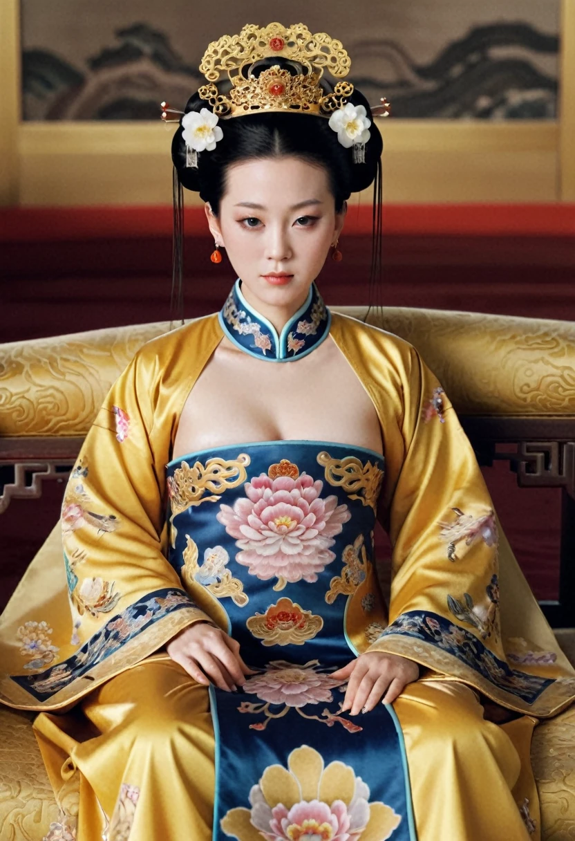 From before the Qing, The Empress sits naked on a golden sofa in the palace, Her eyes are wide open, Her legs were spread, big naked breasts. At the Chinese court during the Qing Dynasty, Empress of the Qing Dynasty, Empress of China, Wearing a large crown, When viewed from below, the abdomen and thighs are visible..。She is completely naked, Showing off gorgeous large flowers and hairpins, She tied her hair up and pulled it up, 背景はEmpress of the Qing Dynastyの豪華な宮殿.