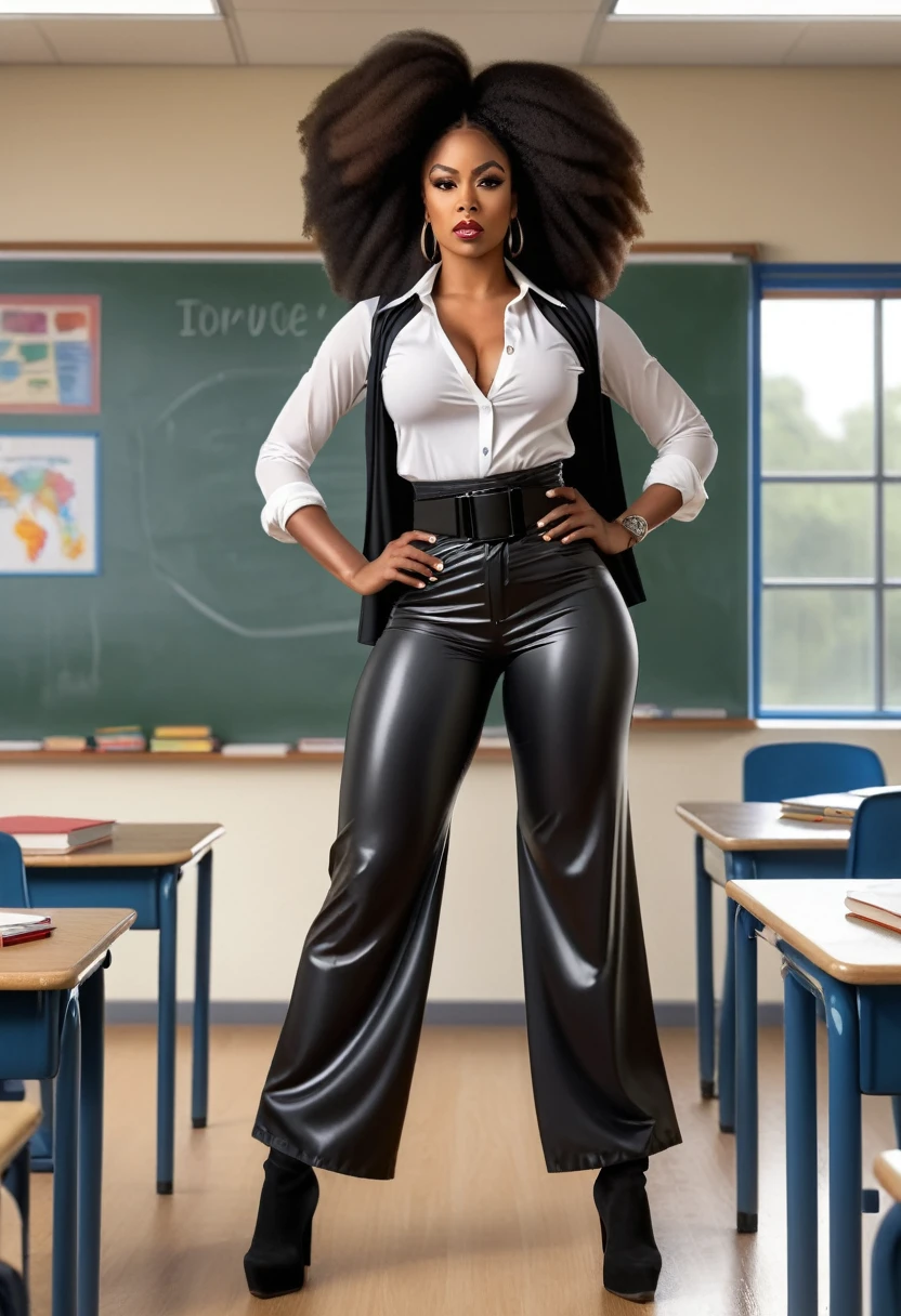 masterpiece, best quality, hyper realism, looking the ass afro american teacher, wearing parachute black wide leg pants, long hair, tight shirt, clasroom, baggy, big wet breasts, long hair, high waist, hyper realism, angry, high black belt, posing like a leader, but her pants come down