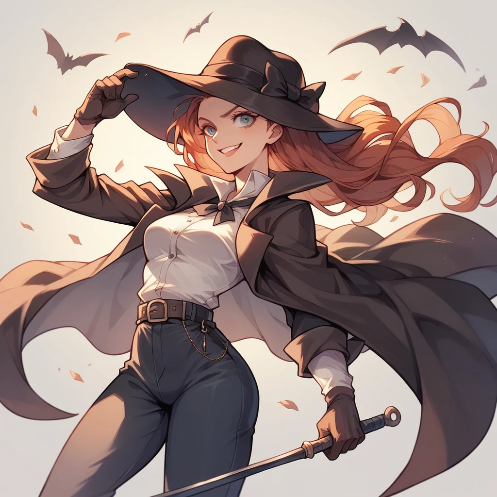 drawing of a woman in a suit and hat with a cane, inspired by Louis Grell, inspired by Hans Fries, inspired by Li Chevalier, girl in suit, high quality colored sketch, anime character, !anthropomorphic!, girl in a suit, inspired by Lucy Angeline Bacon, complex fantasy character, as an anime character, red hair, bird wings, large wings, bird tail, bird feathers, tail feathers,8k,red eyes,high quality,red wings, black Suit,full body