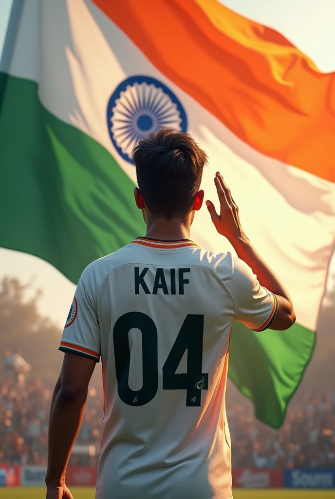 A man boy salute Indian flag and Indian back side Jersey name kaif back and Indian flag front Jersey number 04