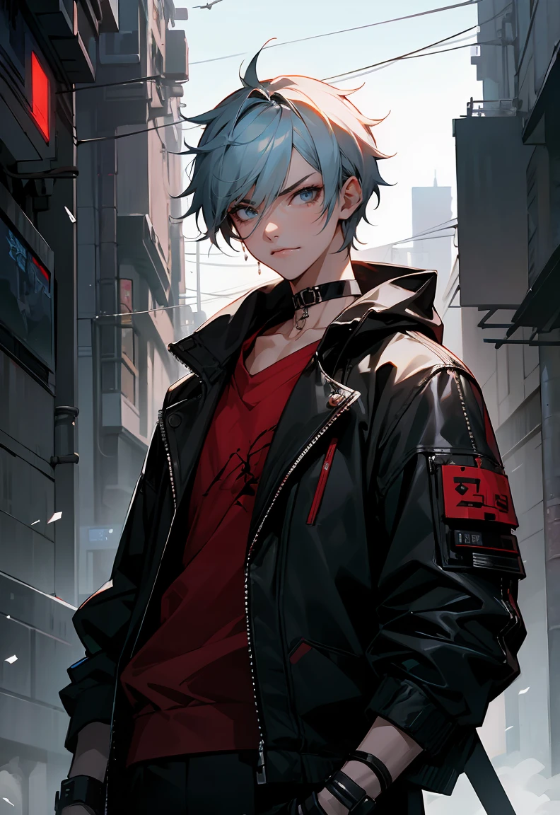 One male character, adult male, bishonen, pretty, handsome, choker, cybernetic inspiration, cyberpunk, alternative fashion, serious angry face, urban setting