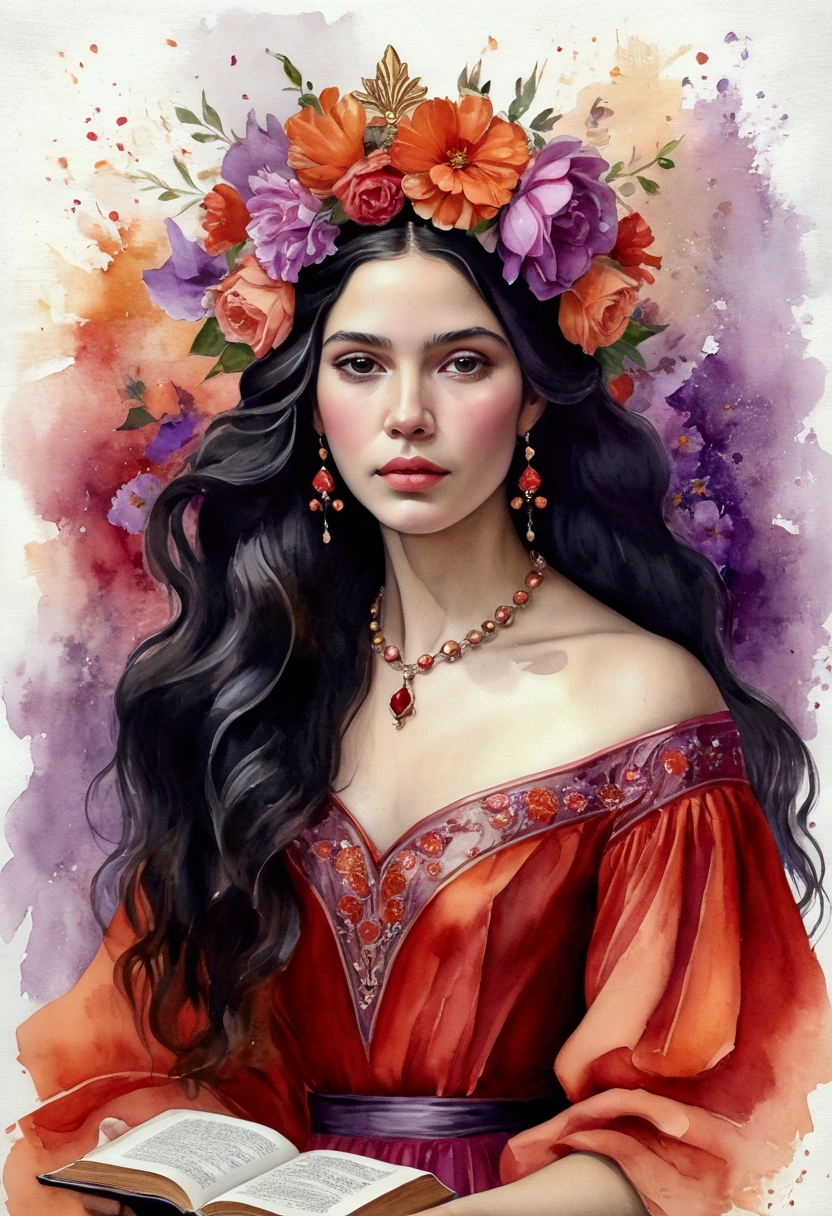 Create a highly detailed digital painting, mixing realism with watercolor of a young woman with long, wavy black hair, adorned with a crown of large, vibrant flowers in shades of red, orange and purple. The flowers are intricately arranged around her head, contrasting beautifully with her fair skin. The woman sitting and reading the Bible is dressed in a red dress and orange shoes that complement the flowers, adding elegance to her look. Her expression is serene and soft, with slightly sparkling eyes and softly pink lips. The background is light with watercolor strokes, and smoky, highlighting the artistic and floral theme of the image."