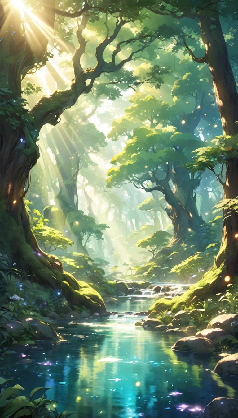 Experience a serene 4K anime nature wallpaper, digitally illustrated in the spirit of Hayao Miyazaki. The image features a tranquil forest, with towering ancient trees and sunlight that filters softly through the canopy. A gentle stream winds through the scene, while mystical creatures subtly emerge from behind the foliage. The color scheme is warm and vibrant, complemented by cosmic lighting and twinkling stars, creating a peaceful, enchanting atmosphere with no human presence