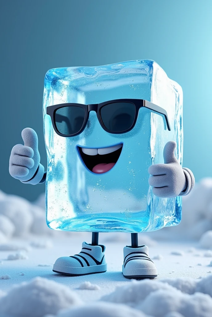 generates an animated ice cube with limbs wearing sunglasses smiling in 2d , With one hand he grabs the bottom of the glasses and with the other he makes a thumbs up