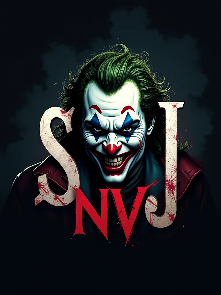 logo "snvaj" stylish letter logo front, background joker ,realistic and attitude with logo joker ,realistic real