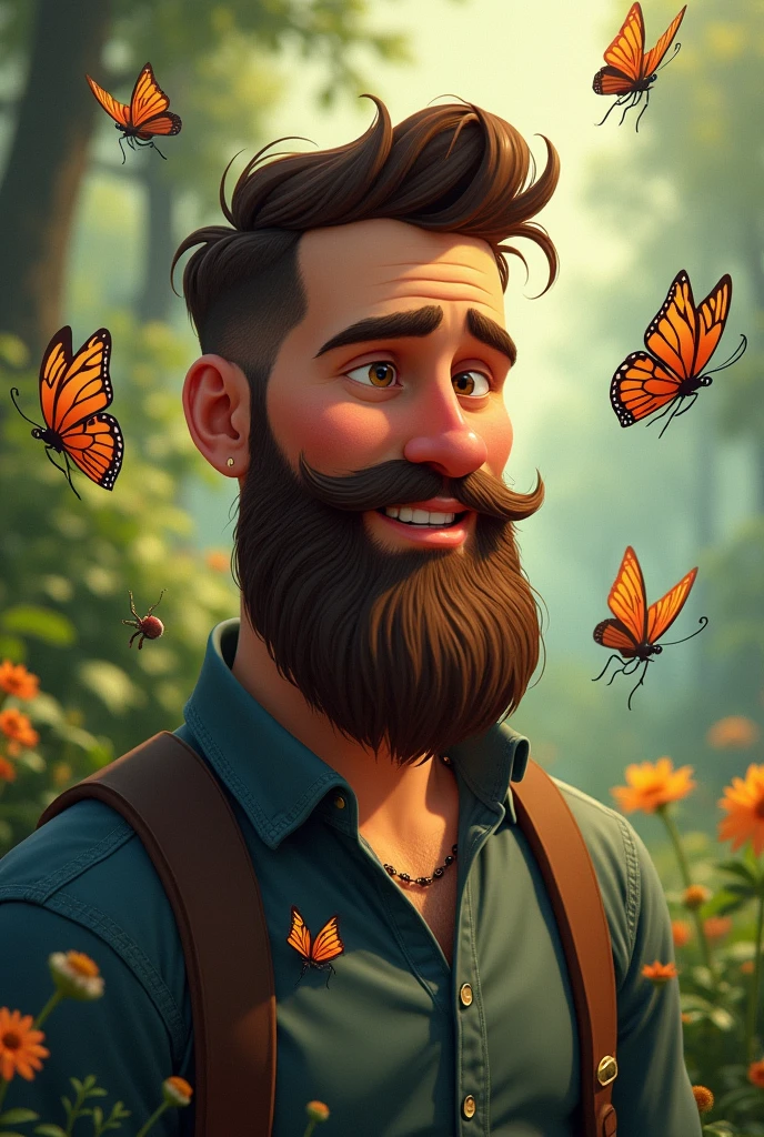 a french cut beard animated man and lots of butterflies and bugs and spiders around him in the nature