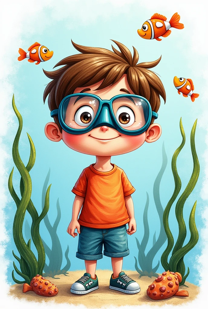 Image: A colorful drawing of a smiling boy with diving goggles, surrounded by fish and seaweed.