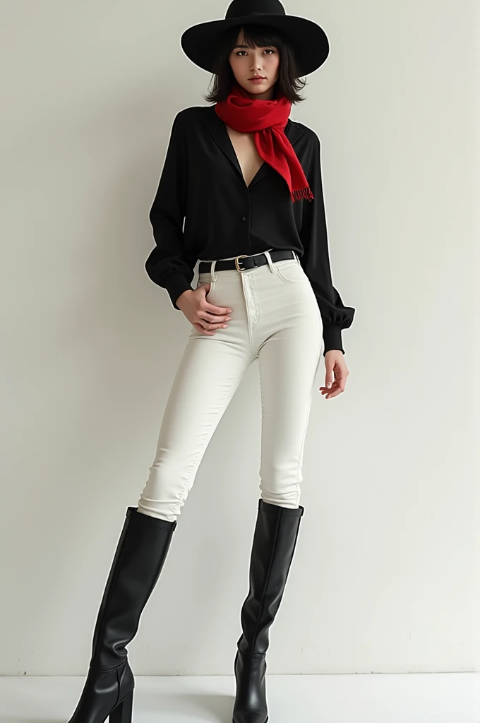 Girl with white pants, black knee-high boots, black long-sleeved blouse, short red scarf around the neck and hat