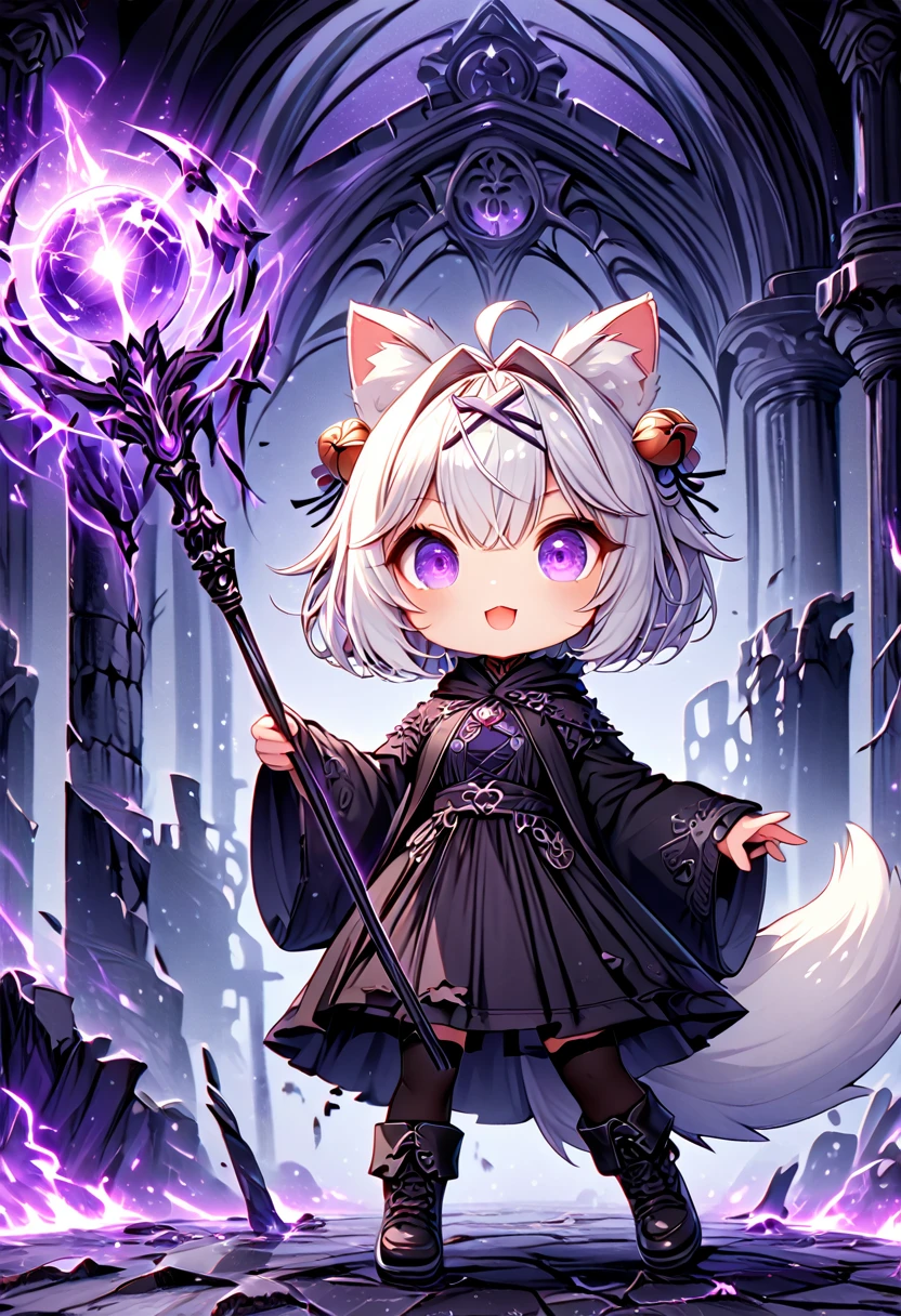 master piece, best quality, ultra-detailed, illustration, midnight, battlefield, gloomy atmosphere, broken castle, broken walls, ruins, purple flames, purple lightning, 1girl, solo, chibi, (big head), cute pose, front view, looking at viewer, ((full body Close up)), chubby, fat, filian, filianoverall, Filiansailor, ((white hair)) , short hair, shoulder length hair, fly-away hair, bangs, hairclip, purple hair ornament, cat ears, (hair bell:1.3) ahoge, purple eyes, open mouth, smiling, (white fox tail), (black tattered robe), long gown, black arm sleeves, black gloves, wielding orbstaff, black stockings, black boots