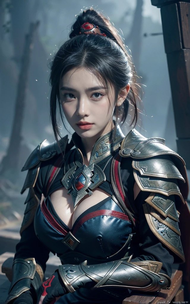 masterpiece,Game Art,Best picture quality,Maximum resolution,8K,(portrait),Unreal Engine 5 rendering works,(Digital Photography),
girl,Colored Contact Lenses,(Gradient short hair blue red),plump,(Large Breasts),(portrait photography:1.5),
(Tang Dynasty Heroine),Casual Hairstyle,Exquisite face,Sharp eyes,With murderous intent,(plump乳房,Large Breasts),Serious,Cool and elegant,(Wearing combat armor that combines the characteristics of ancient Chinese clothing,complex patterns,Mysterious light,Hollow Armor),(Red and black),Ancient fantasy style character movie lighting,Ray Tracing,Game CG,((3D Unreal Engine)),oc render reflection texture