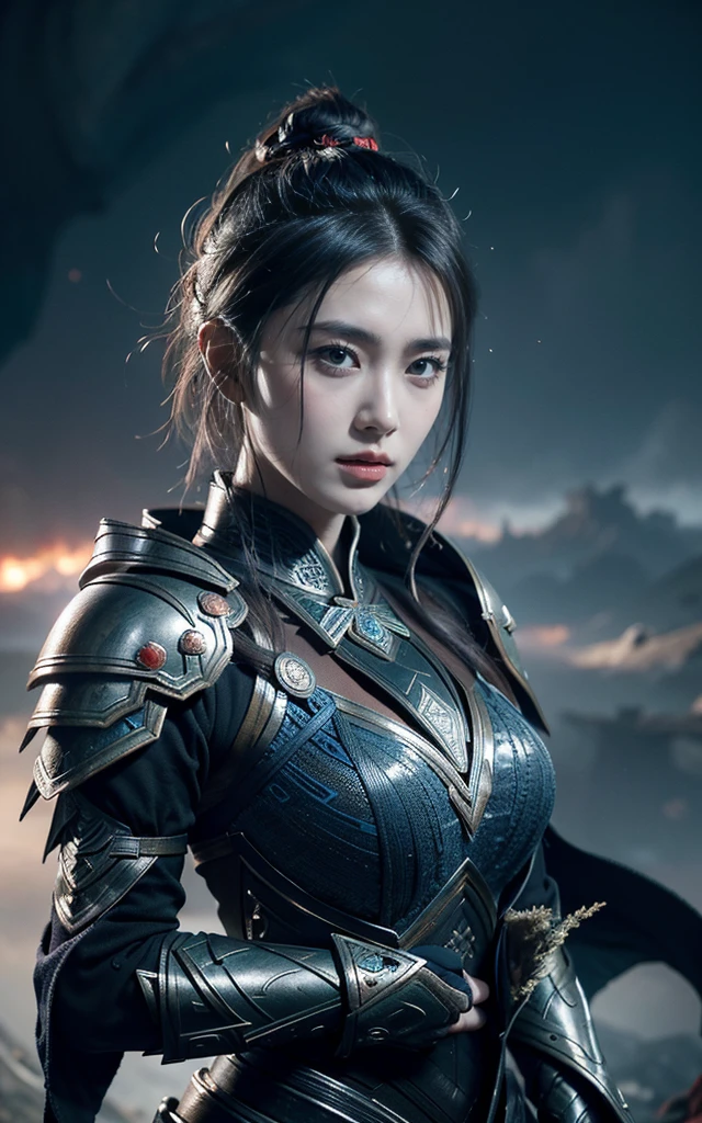 masterpiece,Game Art,Best picture quality,Maximum resolution,8K,(portrait),Unreal Engine 5 rendering works,(Digital Photography),
girl,Colored Contact Lenses,(Gradient short hair blue red),plump,(Large Breasts),(portrait photography:1.5),
(Tang Dynasty Heroine),Casual Hairstyle,Exquisite face,Sharp eyes，With murderous intent，(plump乳房,Large Breasts),Serious,Cool and elegant,(Wearing combat armor that combines the characteristics of ancient Chinese clothing,complex patterns,Mysterious light,Hollow Armor),(Red and black),Ancient fantasy style character movie lighting，Ray Tracing，Game CG，((3D Unreal Engine))，oc render reflection texture