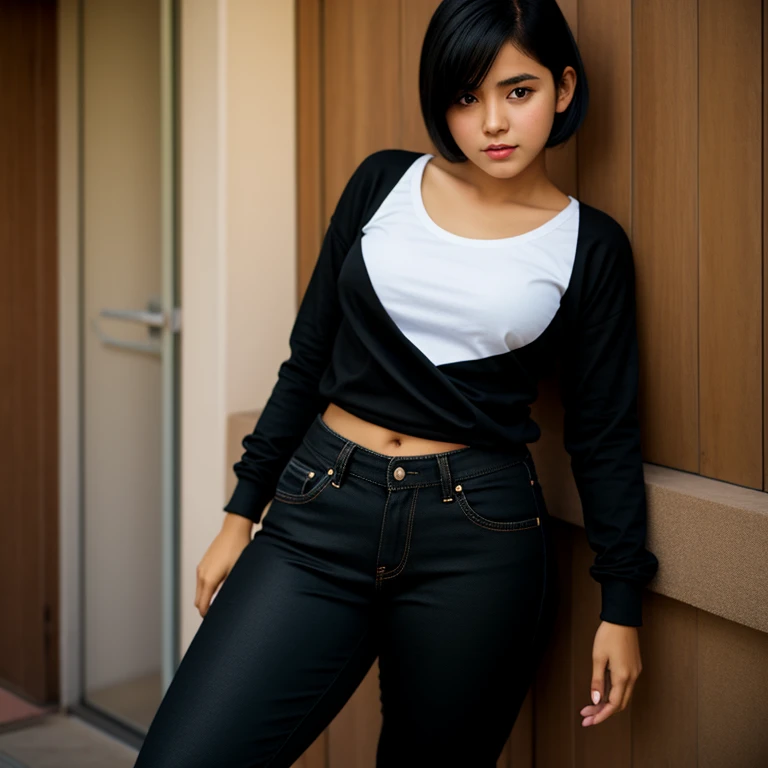body photo, beautiful detailed, cute face, short, Guanajuato , short black hair, black hair over one eye, long sleeve plain T-shirt, long pants, pearshaped wide hips with thick thighs, solo,
