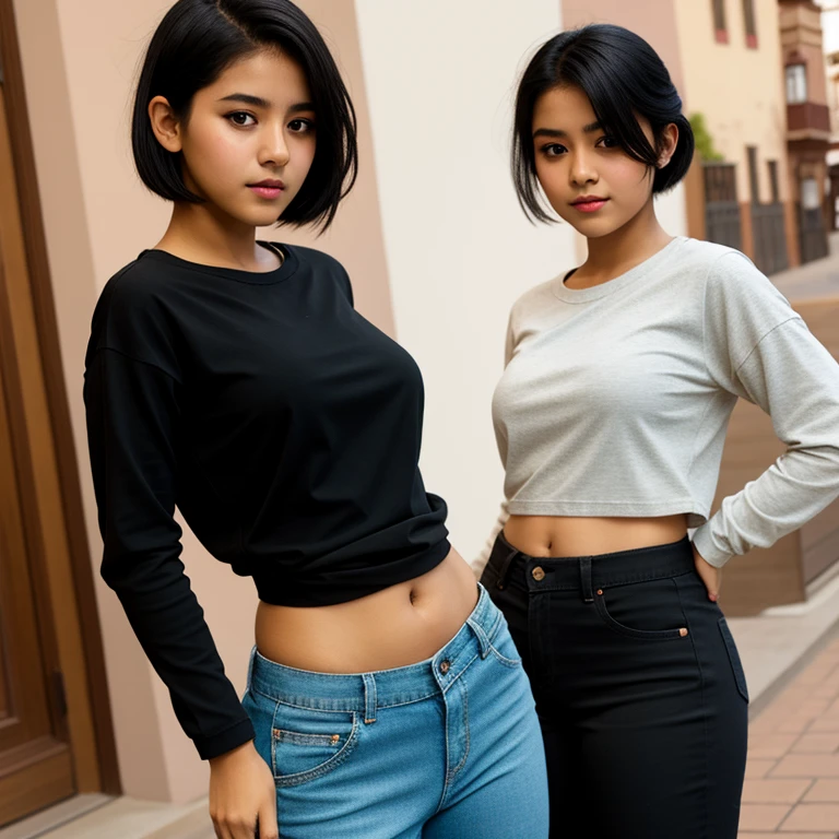 body photo, beautiful detailed, cute face, short, Guanajuato teen, short black hair, black hair over one eye, long sleeve plain T-shirt, long pants, pearshaped wide hips with thick thighs, solo,