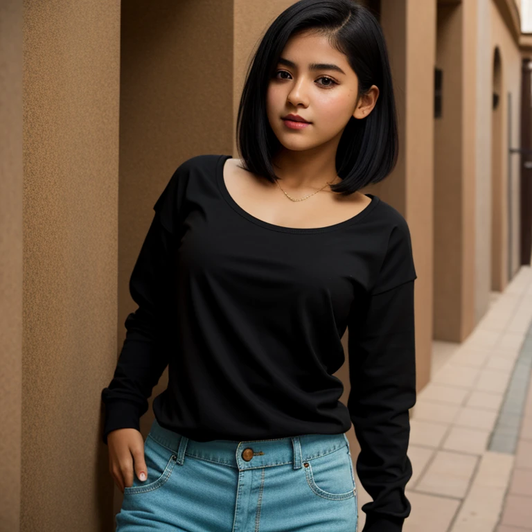 body photo, beautiful detailed, cute face, short, Guanajuato teen, short black hair, black hair over one eye, long sleeve plain T-shirt, long pants, pearshaped wide hips with thick thighs, solo,