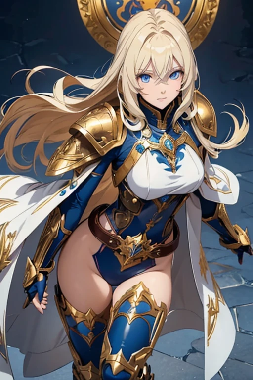 A full-body portrait of a young woman in anime style, with long, light blonde hair, framed by a white mantle adorned with golden details. She has intense blue eyes and wears a form-fitting blue armor with intricate engravings of leaves and flowers, and golden metal pieces covering her shoulders and arms. A dark brown leather belt with metallic buckles secures her armor at the waist. She wears brown leather boots, standing in a dynamic action pose. A cross-shaped pendant adorns her chest. The background features a blue sky with fluffy clouds, highlighting her majestic and noble appearance, visible from head to toe.