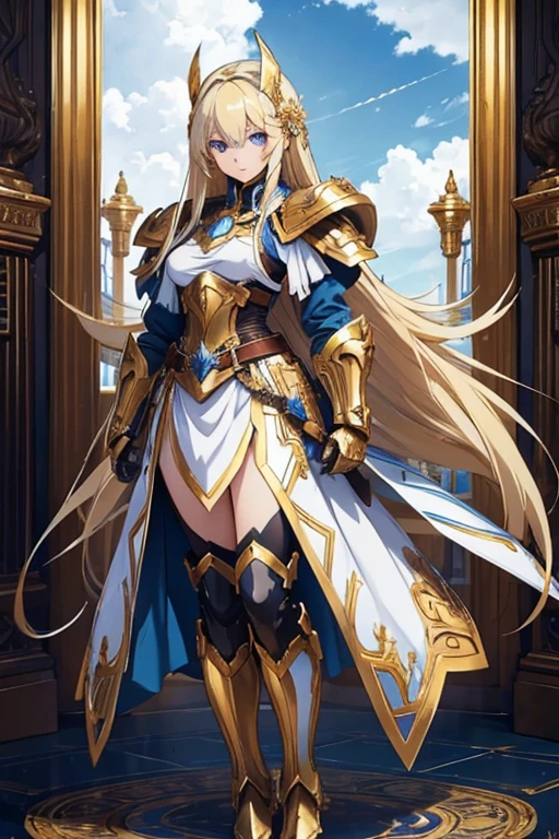 A full-body portrait of a young woman in anime style, with long, light blonde hair, framed by a white mantle adorned with golden details. She has intense blue eyes and wears a form-fitting blue armor with intricate engravings of leaves and flowers, and golden metal pieces covering her shoulders and arms. A dark brown leather belt with metallic buckles secures her armor at the waist. She wears brown leather boots, standing in a dynamic action pose. A cross-shaped pendant adorns her chest. The background features a blue sky with fluffy clouds, highlighting her majestic and noble appearance, visible from head to toe.