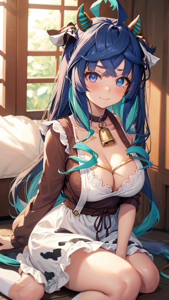 ((((sexy))))((((Spectacle lady))))1girl, solo, long hair, breasts, looking at viewer, blush, smile, bangs, Blue eyes, large breasts, brown hair, long sleeves, dress, holding, animal ears, cleavage, sitting, closed mouth, green eyes, thighs, horns, socks, indoors, mole, blurry, apron, collar, aqua eyes, sweater, Bell, blurry background, swept bangs, scrunchie, animal print, hair over shoulder, neck bell, seiza, mature female, cow print, cow ears, cow horns, fake horns, cowBell, cow girl, cow tail, mimikaki, lap pillow invitation