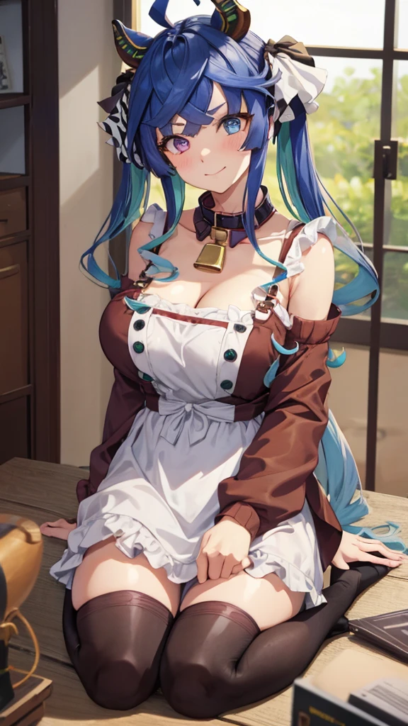 ((((sexy))))((((Spectacle lady))))1girl, solo, long hair, breasts, looking at viewer, blush, smile, bangs, Blue eyes, large breasts, brown hair, long sleeves, dress, holding, animal ears, cleavage, sitting, closed mouth, green eyes, thighs, horns, socks, indoors, mole, blurry, apron, collar, aqua eyes, sweater, Bell, blurry background, swept bangs, scrunchie, animal print, hair over shoulder, neck bell, seiza, mature female, cow print, cow ears, cow horns, fake horns, cowBell, cow girl, cow tail, mimikaki, lap pillow invitation