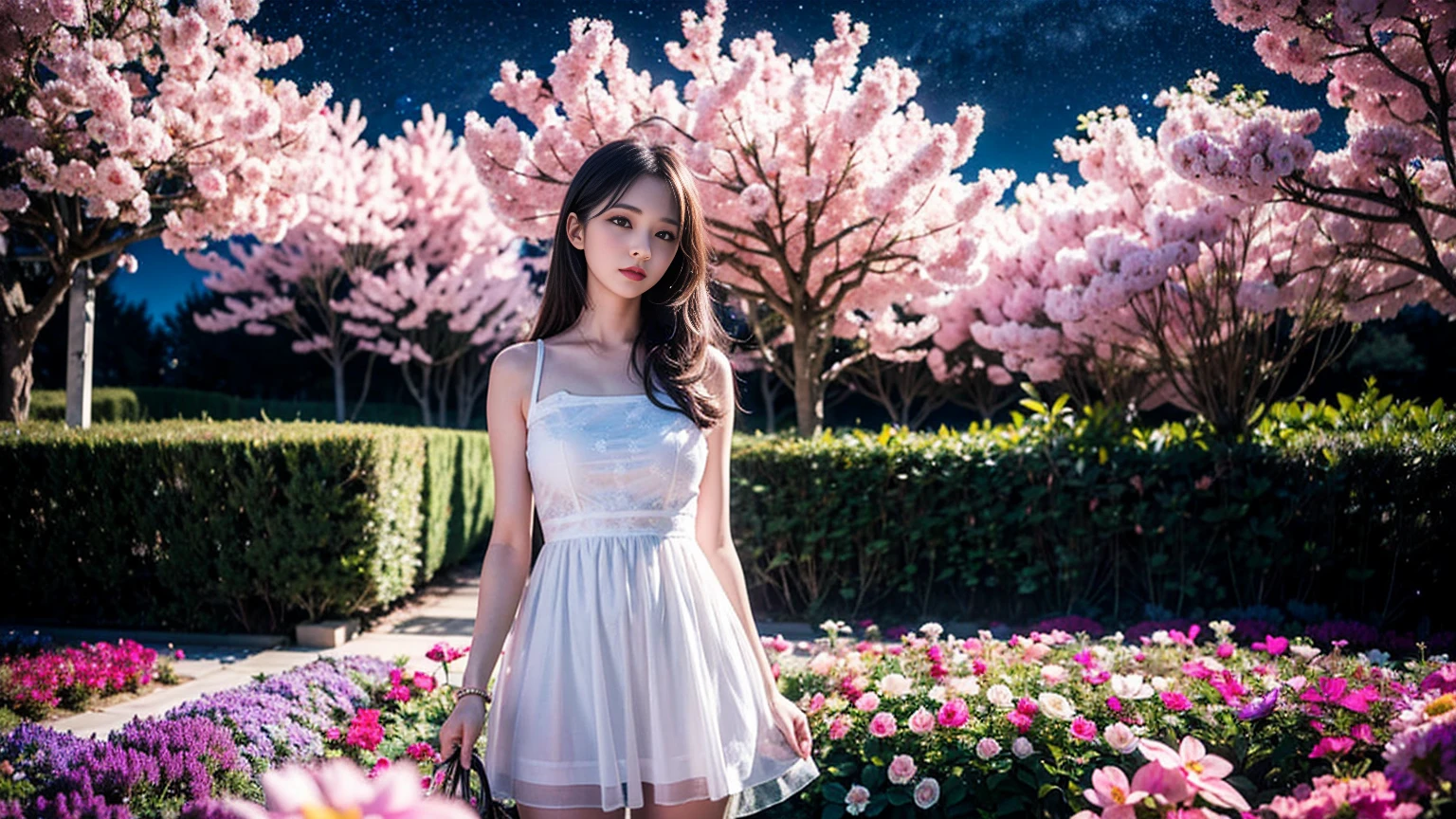 Highest quality, expensive_solve, clear_image, Detailed Background, girl, flower, garden, Starry Sky,