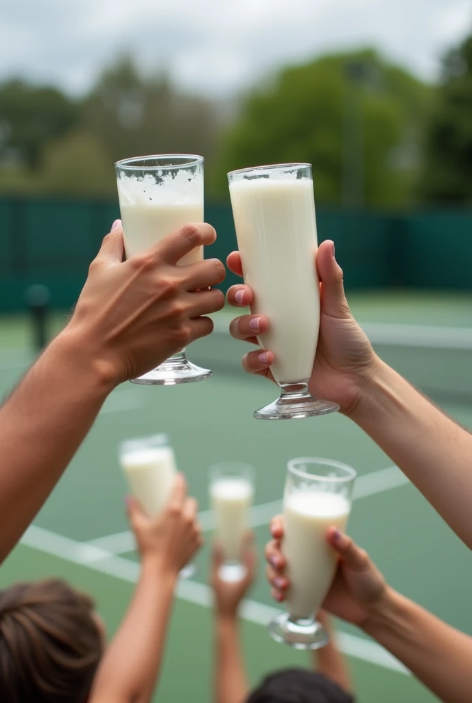 Tennis court background，Several people hold boxes of milk and raise their glasses together，Photography