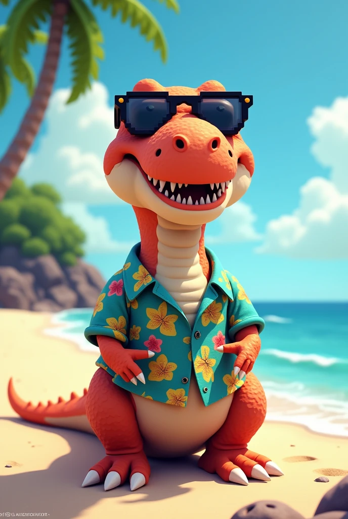 Pixelated dinosaur with Hawaiian shirt on the beach and sunglasses

