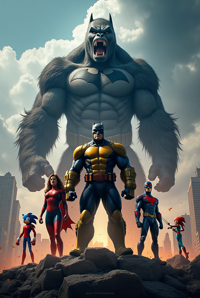 X-man as X-man.Batman as Batman.Sonic as Sonic.Spiderman as spiderman.KingKong as KingKong movie poster. High quality image.